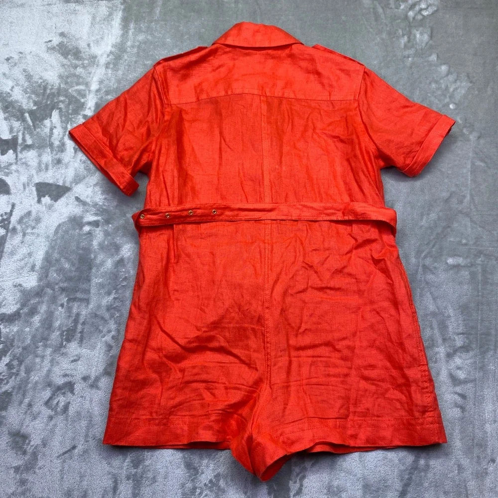 Banana Republic Petite Orange Linen Utility Romper Belted Short Sleeve Sz S Boho